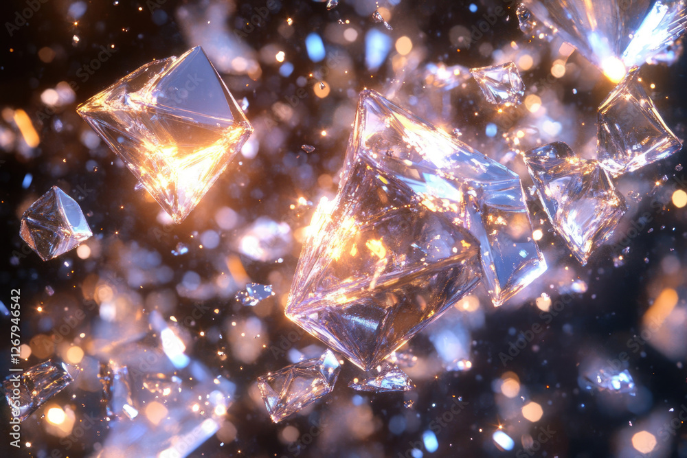Poster Glowing crystal shards, fragmented and scattered, illuminate the dark background with their inner light.
