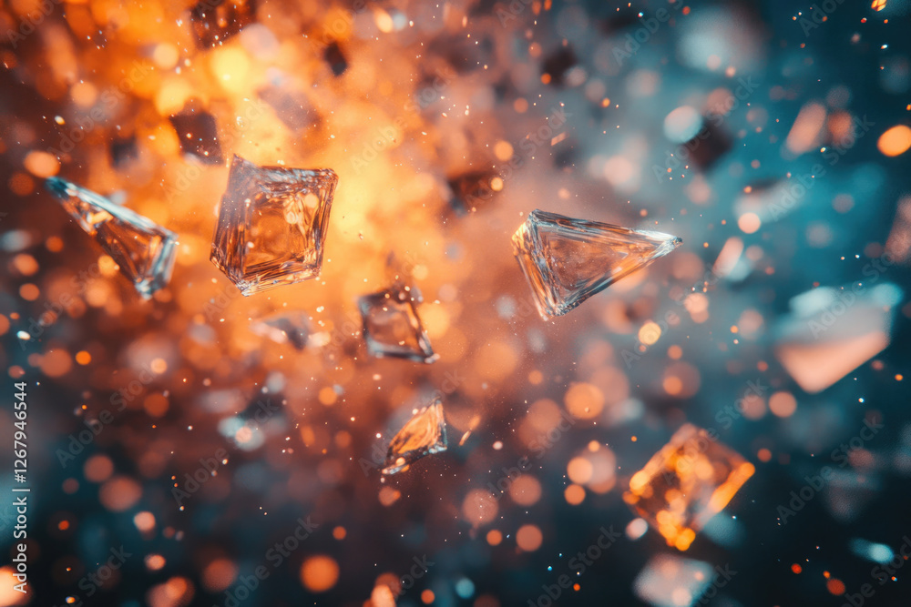 Aufkleber shattered glass fragments explode in a fiery, dark-blue explosion, creating a dramatic visual.