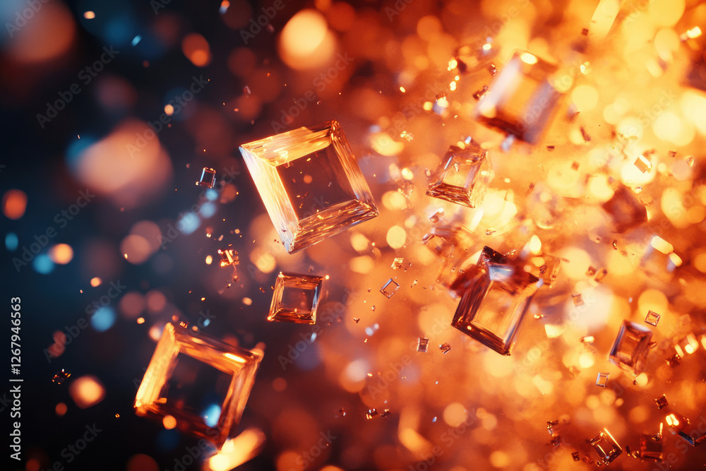 Poster Glowing, transparent cubes explode in a fiery, bokeh-filled space, creating a dynamic and energetic scene.