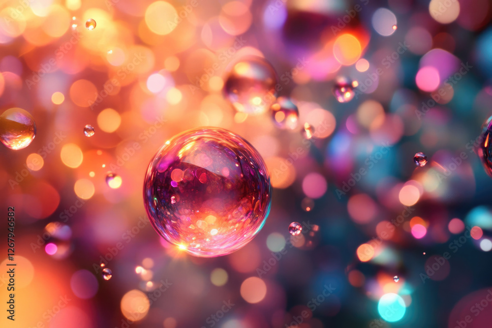 Poster Floating iridescent bubbles reflected in a vibrant bokeh background, creating a dreamy, magical scene.