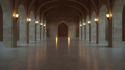 Obraz premium Arched Hallway: A symmetrical shot of a hallway with arched openings, illuminated by sconces, leading to a dimly lit doorway in the distance.