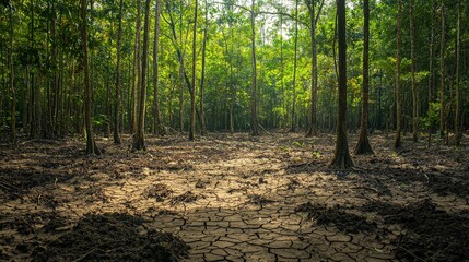 Fototapeta premium This image showcases a sunlit forest area where the ground has dried up, creating intricate cracks, highlighting environmental issues like drought and deforestation.