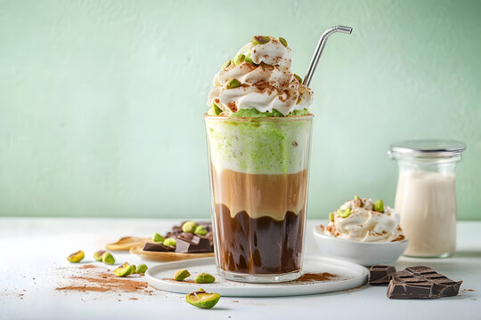 Dubai Chocolate Ice Cream iced coffee latte with pistachio ice cream, tahini, kataifi, whipped cream chocolate drops and dubai chocolate flavored syrup, on white green table, copy space