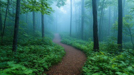 Fototapeta premium Misty Forest Path Winding Through Lush Green Undergrowth