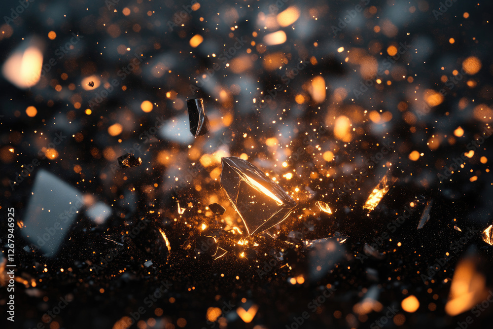 Poster shattered dark object explodes into glowing fragments, fiery sparks, and bokeh lights.