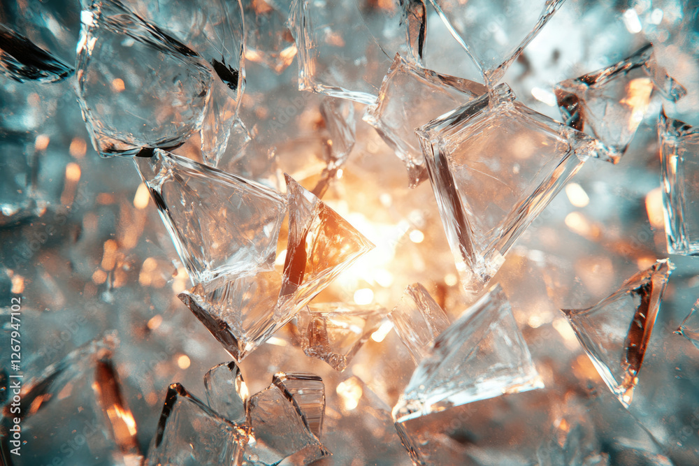 Poster shattered glass fragments, illuminated from within, create a mesmerizing, abstract scene of light an