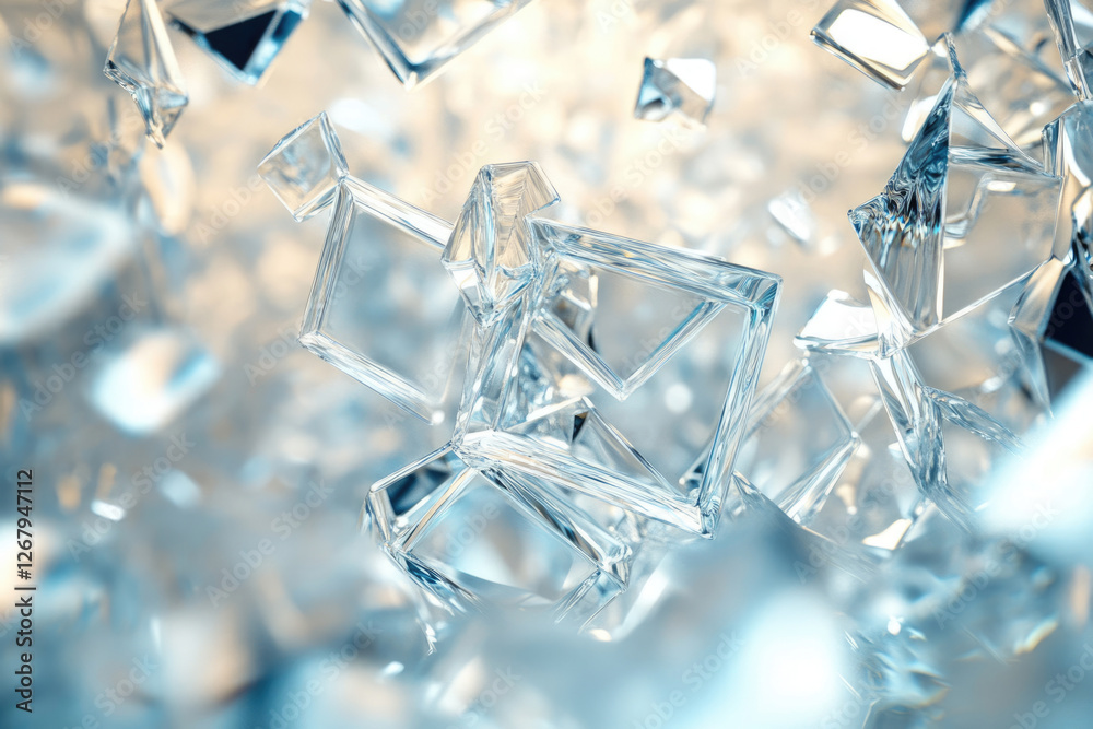 Poster Abstract image of shattered glass cubes, sparkling and translucent, creating a dynamic, three-dimensional effect.
