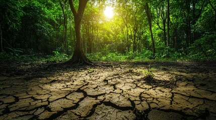This image beautifully juxtaposes dry earth with vibrant green trees under clear blue skies, representing the delicate balance of nature amidst climatic changes and challenges.