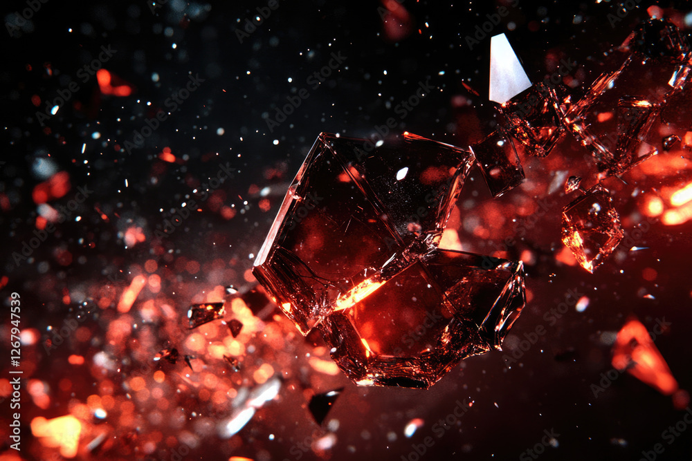 Poster shattered red crystal explodes in a fiery explosion, fragments scattering in mid-air.