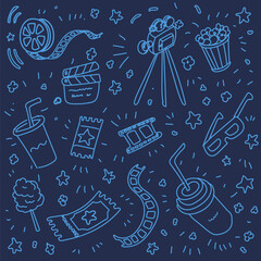 Cinema movie hand drawn icons. Doodle outline rest background. Drawings element of camera, film reel, pop corn, film clapperboard, ticket Vector illustration
