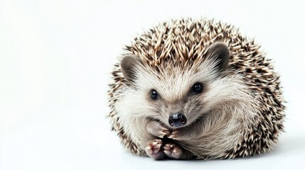 Obraz premium Cute little hedgehog curled up into a ball on a bright white background.