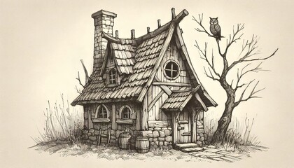Enchanting fairytale medieval cottage with whimsical details, a perched owl, and a rustic charm, illustrated in vintage style
