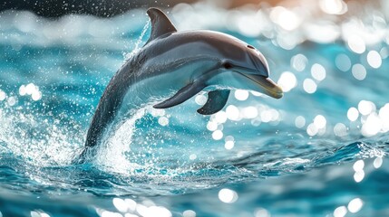 Dolphin leaping out of the turquoise ocean, water droplets sparkling in the sunlight.