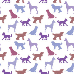 Vector seamless repeating childish pattern with cute dogs, cats in Scandinavian style. Animals background with dog, cat, pets, puppy for invitation, poster, card, flyer, textile, fabric.