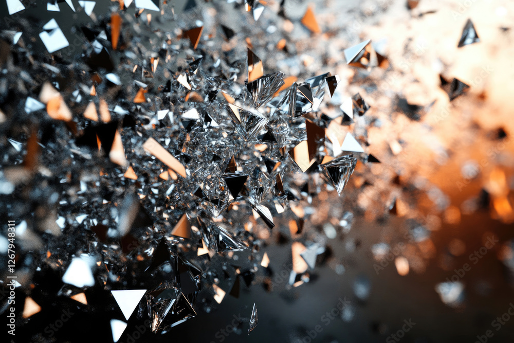 Poster A mesmerizing 3D render of shattered, glittering crystals, creating a dynamic, abstract explosion of light and shadow.