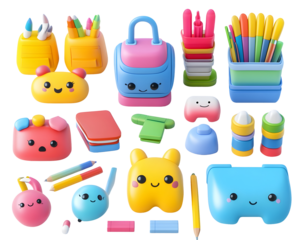 3D collection of cute school items, ideal for education and back-to-school themes,
