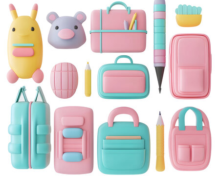 3D collection of cute school items, ideal for education and back-to-school themes, - Powered by Adobe