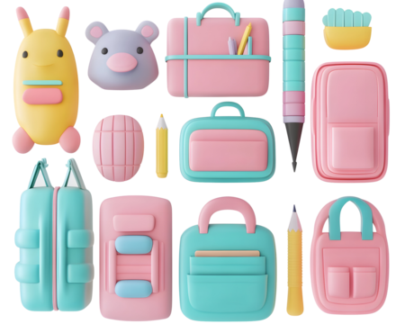 3D collection of cute school items, ideal for education and back-to-school themes,