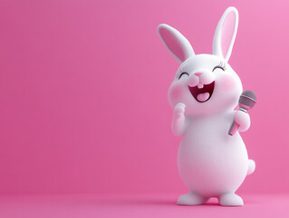 Cute rabbit singing joyfully with a microphone