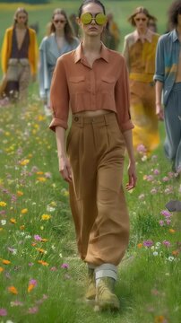 Sustainable Spring Fashion Show: Models Showcase Eco-Friendly Outfits in a Wildflower Meadow