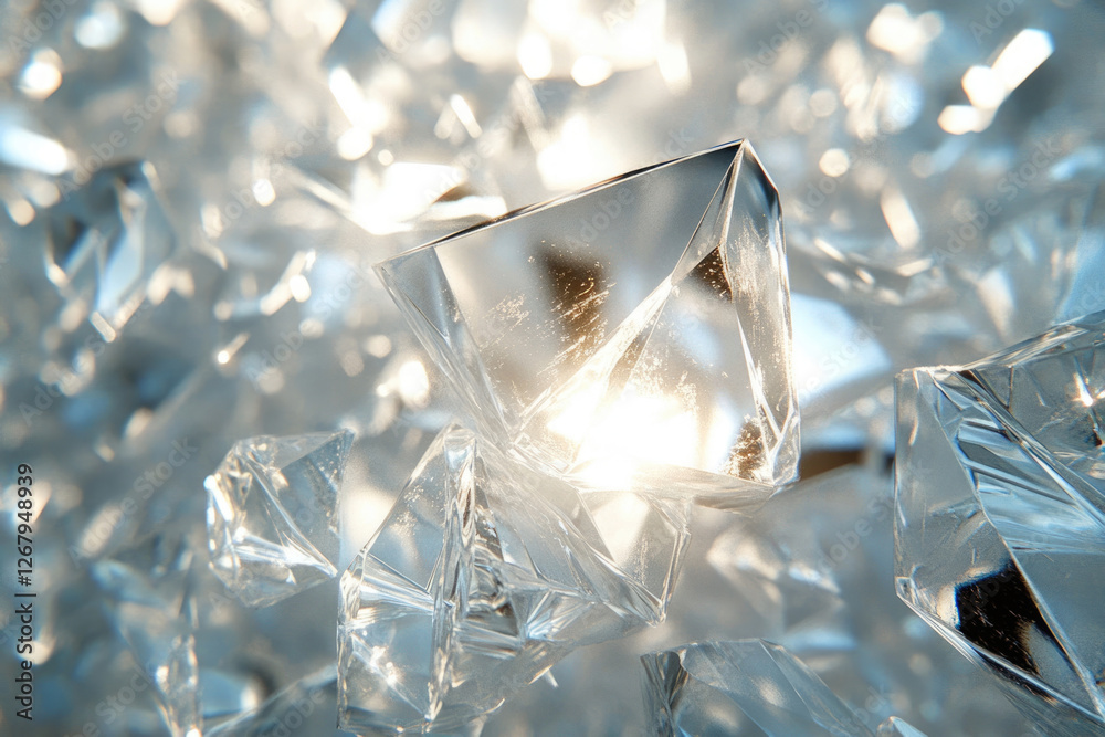 Poster Close-up of sparkling,faceted crystal fragments, illuminated by light, creating a dazzling display.