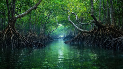 Obraz premium National Geographic A dense mangrove forest with twisting roots emerging from the water.