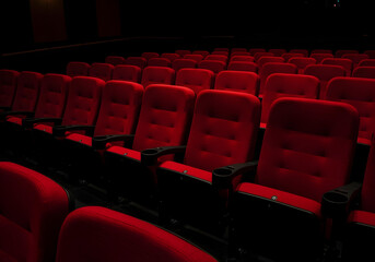 Obraz premium Empty Red Theater Seats arranged in rows, capturing the ambiance of a classic cinema setting, Generated with AI