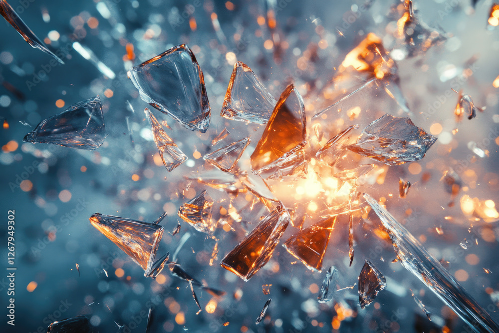 Poster Shattered glass explodes in a fiery burst, fragments scattering in a dynamic motion.