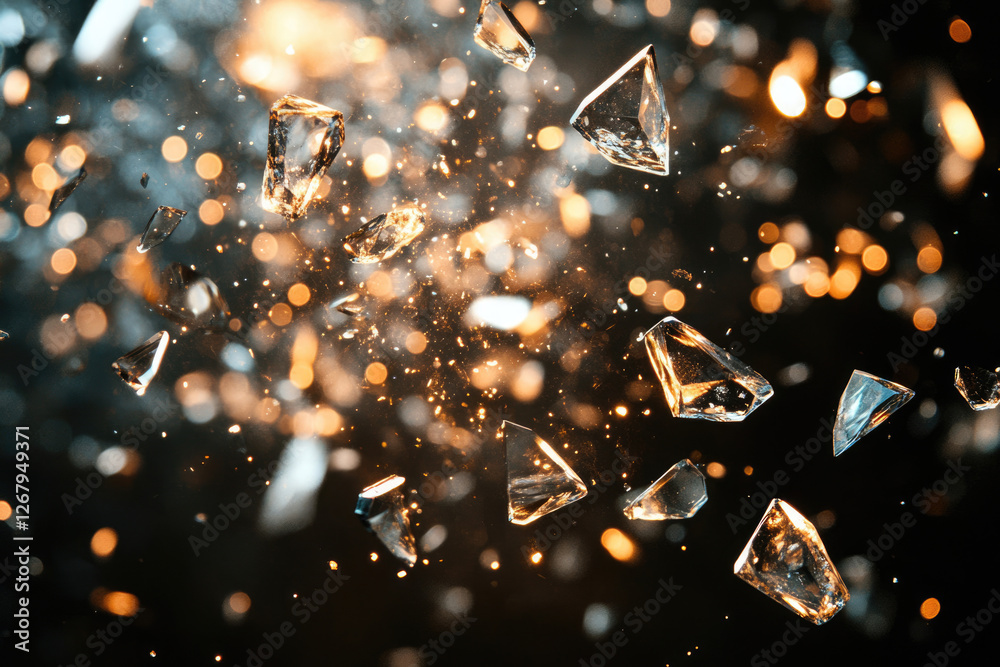 Poster Shattered glass fragments explode in a dramatic display of light and bokeh, creating an abstract, sparkling chaos.