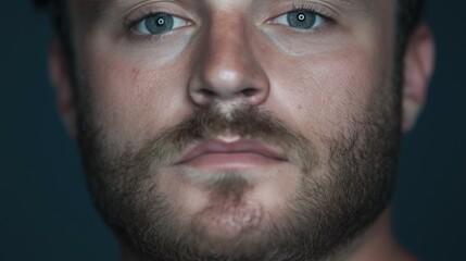 Obraz premium A close-up shows a White man with striking blue eyes and a groomed beard, capturing deep emotion against a neutral backdrop