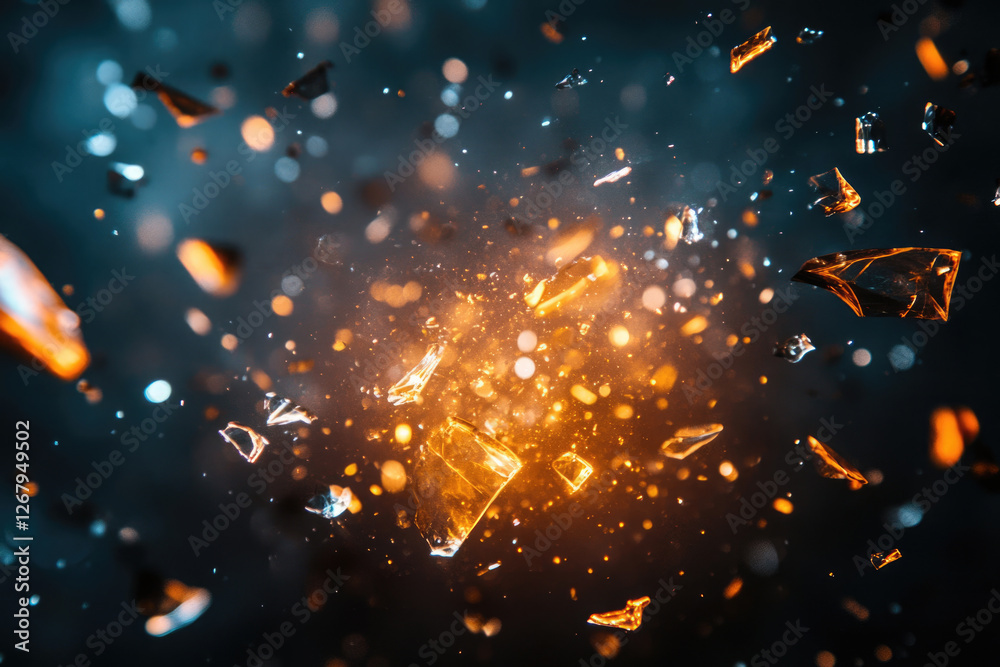 Poster shattered glass explodes in a fiery, dramatic burst of orange and blue, creating a mesmerizing spect