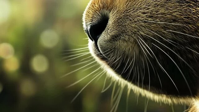 Cat's nose and whiskers close-up outdoors with bokeh background