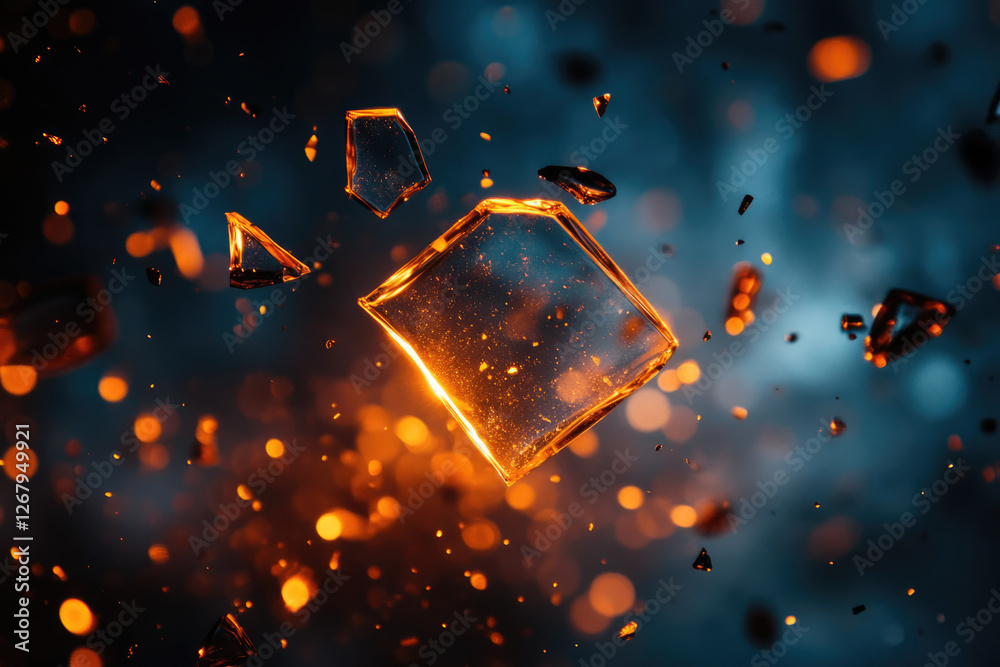 Poster a shattered glass cube explodes in mid-air, scattering fragments against a dark, bokeh-filled backgr