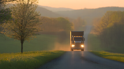 Truck on a road with morning sunrise landscape. The scene captures the tranquility of early morning travel through picturesque rural landscapes. 