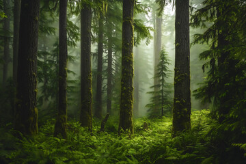 Fototapeta premium Mystical Green Forest with Fog - Serene Nature Landscape for Wallpapers, Blogs, and Travel Websites | Perfect for Nature Lovers & Adventure Enthusiasts