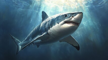 Fototapeta premium Majestic great white shark swimming gracefully in clear blue ocean waters