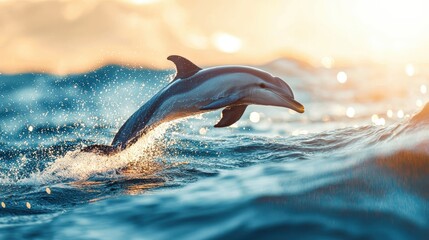 Fototapeta premium Dolphin leaping out of the turquoise ocean, water droplets sparkling in the sunlight.
