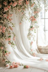 Elegant floral arrangement with soft drapery by a bright window in a cozy setting