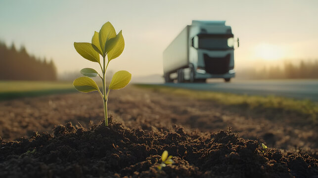 Sustainable transport: A seedling grows beside a road, a truck in the background symbolizes the future of eco-friendly freight transport and environmental responsibility.