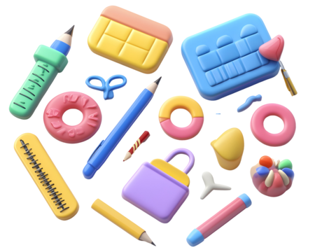 3D icons of cute school items, representing back-to-school and education concepts. Ideal for design, mobile apps, and web UI.