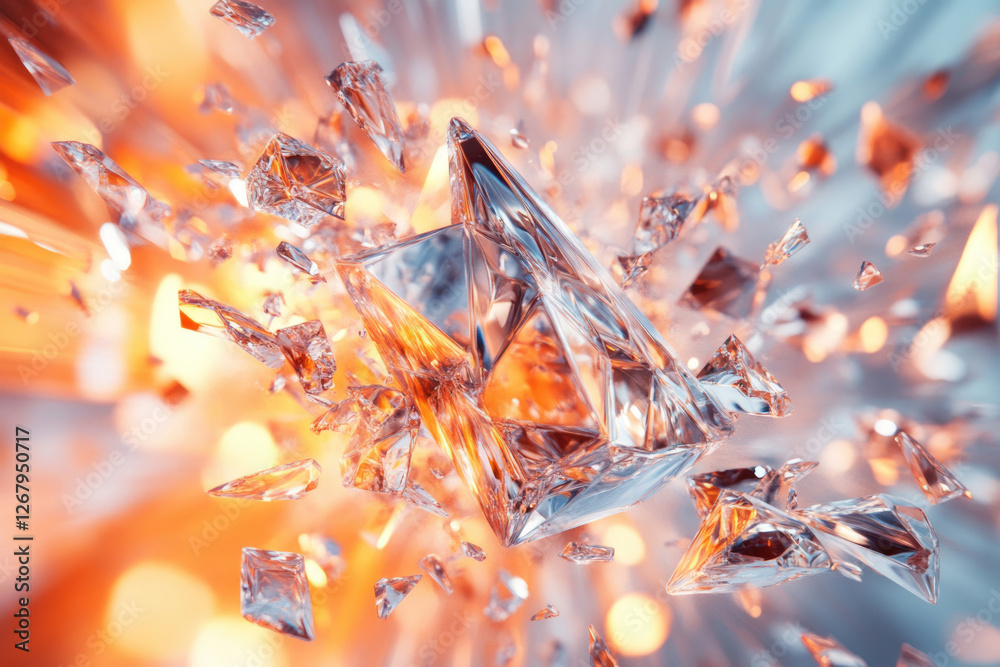Poster a large crystal shatters into a myriad of sparkling fragments against a fiery orange backdrop.