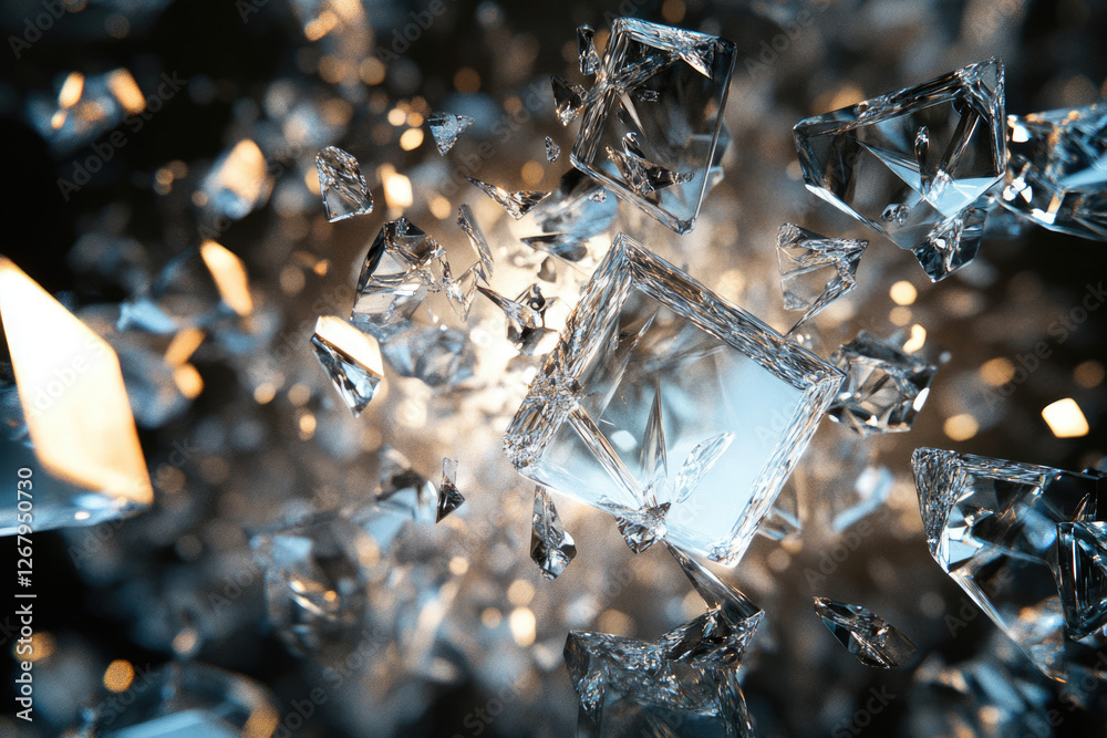 Poster shattered glass cubes explode in a dramatic, slow-motion burst of sharp fragments.