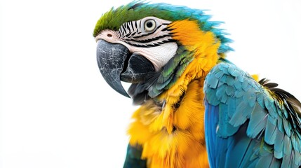Fototapeta premium Exotic parrot with vibrant feathers perched confidently on a white background.