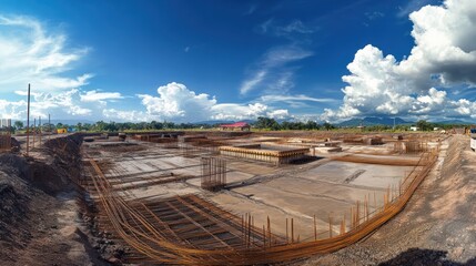 Construction site with foundation, rebar, and blue sky.