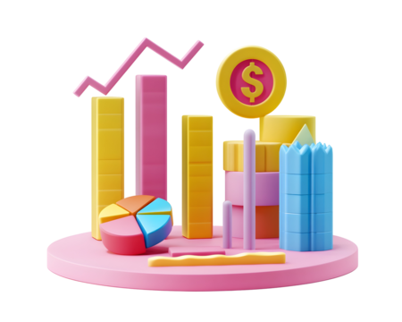 3D illustration of a financial growth chart with bars, a pie chart, and a dollar sign, ideal for business analytics and economic presentations.