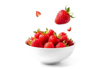 Fresh strawberries in a white ceramic bowl against a white wooden background