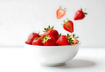 Fresh strawberries in a white ceramic bowl against a white  background