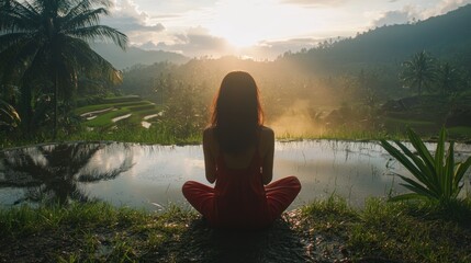 Serene Sunset Meditation in Bali's Rice Terraces