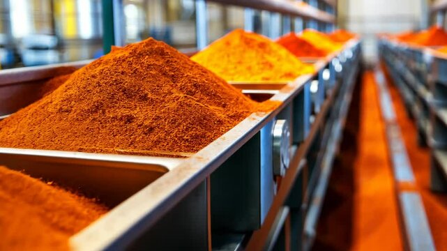 Spice factory Paprika powder in metal trays on processing line