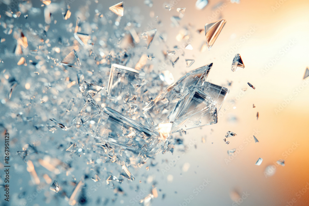 Poster Shattered glass fragments explode in mid-air, creating a dynamic, abstract image.